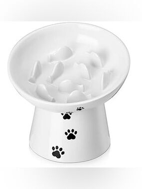 YHY Slow Feeder Pet Bowl, Elevated Pawprint White Porcelain.